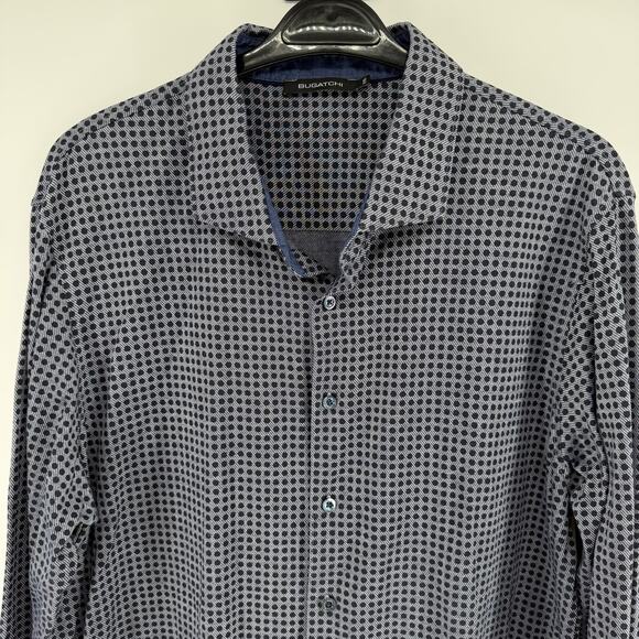 Bugatchi Button Up Shirt Casual Blue Check Polka Dot Flip Cuff Mens Size 2XL - Picture 2 of 9